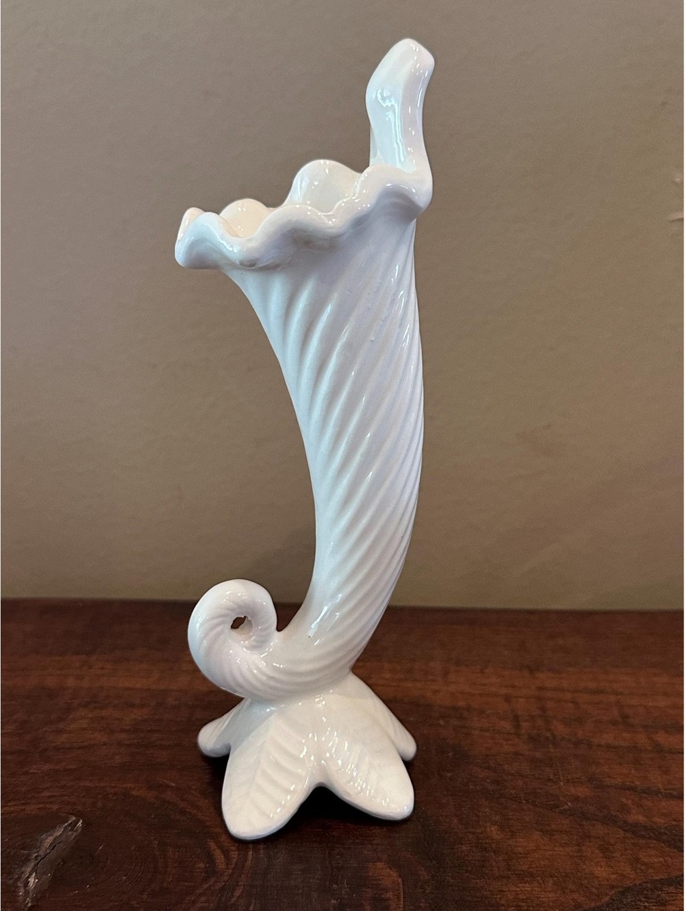 Vintage White Ceramic Cornucopia Mini Bud Vase